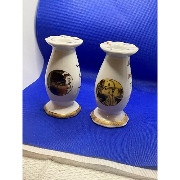 Pair Of Hand-Painted Egyptian-Themed Ceramic Candle Holders - Picture 1 of 10